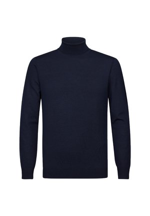 Marine turtleneck sweater gemaakt van zachte gebreide stof. Lange mouwen, slim fit ontwerp en ribbelaccenten bij de kraag en onderrand. Geen patronen.