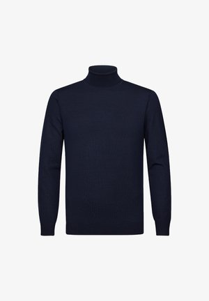 Suéter de cuello alto de color navy, hecho de tejido de punto suave. Manga larga, diseño ajustado y acentos de canalé en el cuello y el dobladillo. Sin patrones.