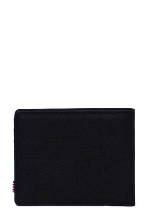 Schwarzes Canvas-Portemonnaie mit glatter Textur, rechteckiger Form und dezenten Nähten. Verfügt über einen rot-weißen gestreiften Akzent an der Seite.