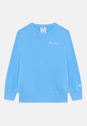 Gaiši zilas krāsas džemperis, izgatavots no mīkstas auduma, ar garām piedurknēm, apaļu kaklu un mazu baltu Champion logo uz krūšu un piedurknes.