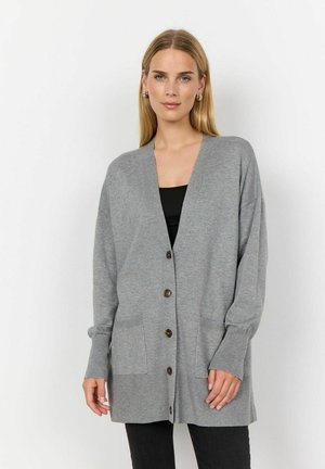Gray cardigan made of soft fabric, featuring a V-neck, front buttons, and two front pockets; loose fit and ribbed cuffs.