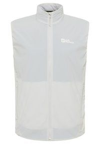 Gilet senza maniche grigio chiaro con colletto alto, zip frontale e logo. Presenta tasche laterali e una texture di tessuto liscia e leggera.