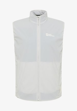 Gilet sans manches gris clair avec un col montant, fermeture éclair à l'avant et logo. Dispose de poches latérales et d'une texture de tissu lisse et léger.