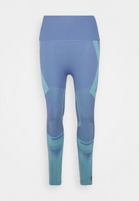 Blå och teal leggings med ett geometriskt mönster, tillverkade av ett elastiskt material med hög midja och en diskret logotyp vid ankeln.
