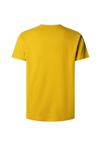 Effen gele korte mouwen T-shirt, van achterkant weergegeven tegen een witte achtergrond.