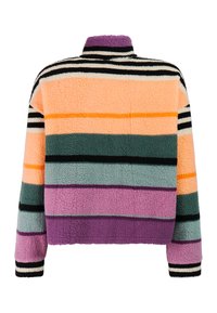 Fleecetrui met horizontale strepen in paars, groenblauw, perzik, oranje, zwart en crème, voorzien van een hoge kraag en lange mouwen.