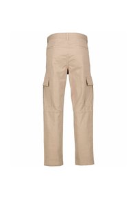 Beige cargobroek met een rechte snit, zijzakken en achterzakken. Gemaakt van lichtgewicht stof met een gladde textuur.
