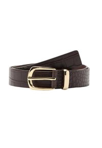 Brown crocodile-embossed leather belt with a shiny gold rectangular buckle, featuring smooth texture and tapered ends.