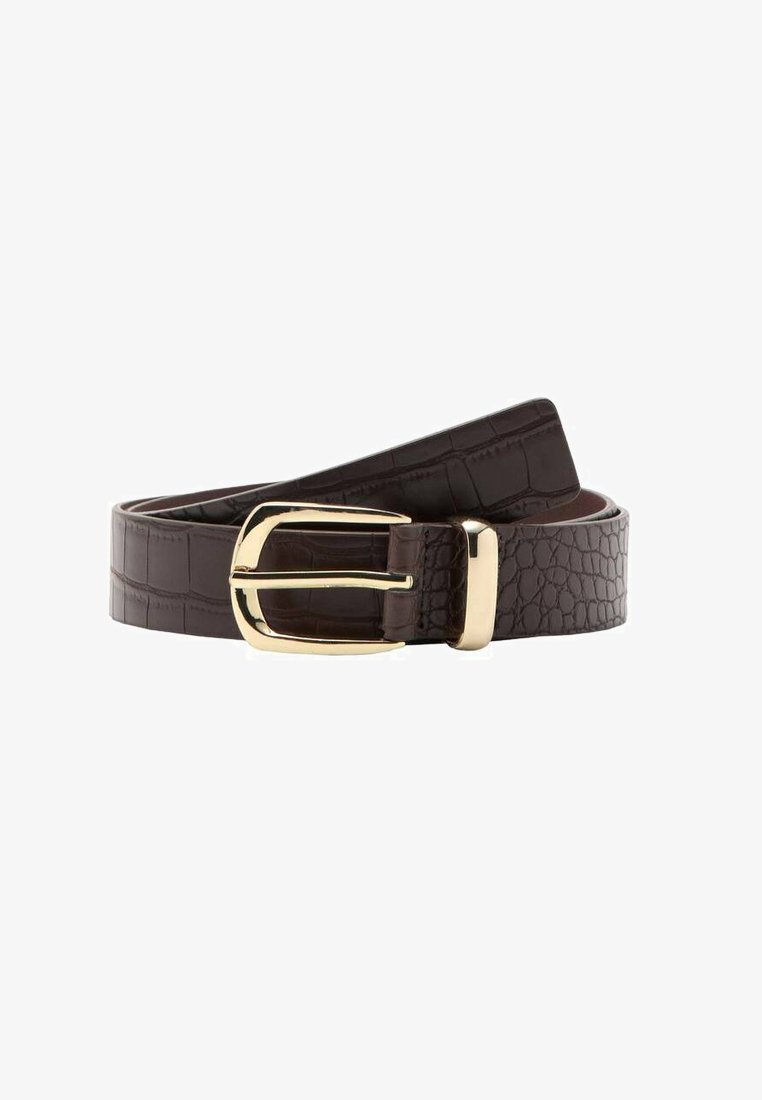 Brown crocodile-embossed leather belt with a shiny gold rectangular buckle, featuring smooth texture and tapered ends.