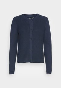 Marinblå cardigan med strukturerad stickad mönster, rund halsringning och fem knappar. Har långa ärmar och ribbad fåll.