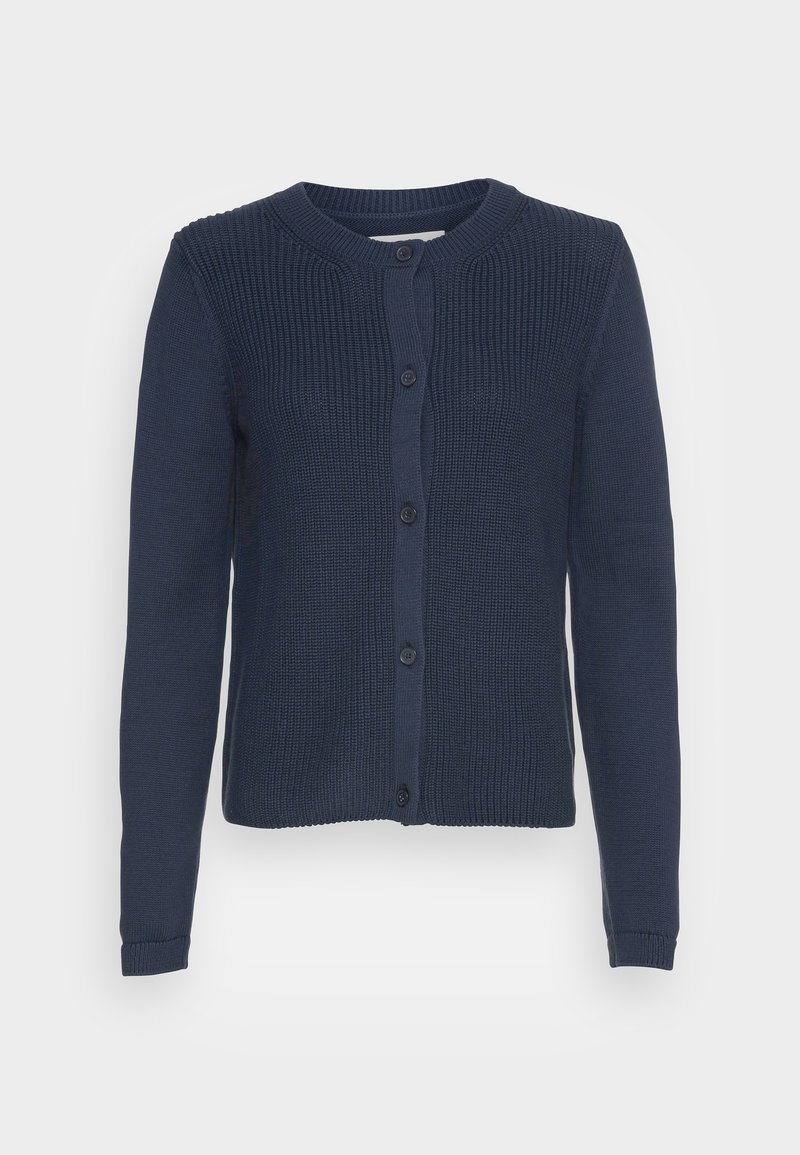 Marinblå cardigan med strukturerad stickad mönster, rund halsringning och fem knappar. Har långa ärmar och ribbad fåll.