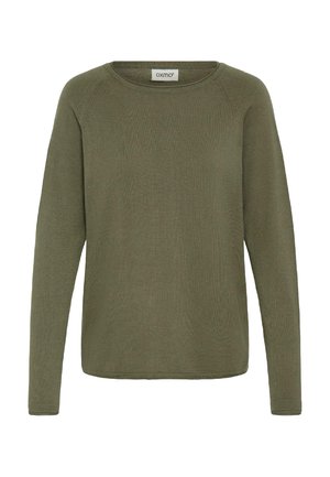 Maglione verde a maniche lunghe realizzato in morbido tessuto a maglia, con scollo rotondo e polsini a coste, caratterizzato da un design semplice e senza cuciture.