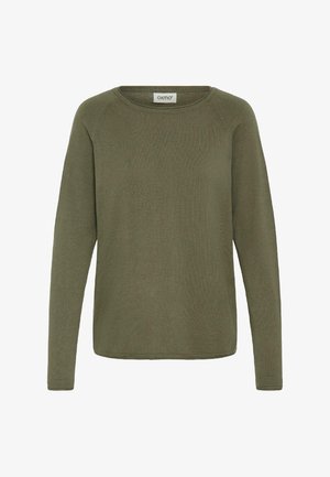 Zaļš garām piedurknēm svārks, izgatavots no mīksta adīta auduma ar apaļu kakla izgriezumu un ribotām aprocēm, piedāvā vienkāršu, bezšuvju dizainu.