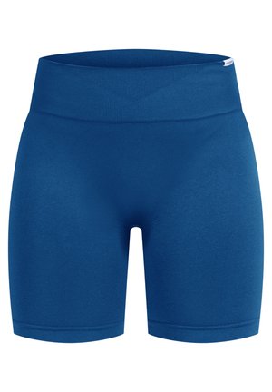 Blaue Sportshorts mit einem breiten gerippten Bund und glatter Textur, mit einer figurbetonten Passform und einer Länge bis zur Mitte des Oberschenkels.