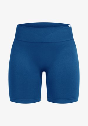 Blaue Sportshorts mit einem breiten gerippten Bund und glatter Textur, mit einer figurbetonten Passform und einer Länge bis zur Mitte des Oberschenkels.