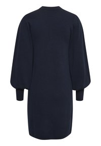 Abito in maglia a maniche lunghe blu navy con maniche a palloncino e polsini aderenti, visto da dietro.
