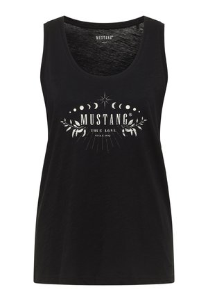 Schwarzes Tank-Top aus weicher Stoff, mit rundem Halsausschnitt und einem zentralen weißen Graphic mit Text und dekorativen Elementen.