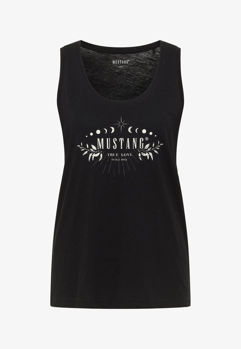 Musta varrukateta särk pehmest kangast, ümmarguse kaelusega ja keskel valge graafika koos teksti ja dekoratiivsete elementidega.