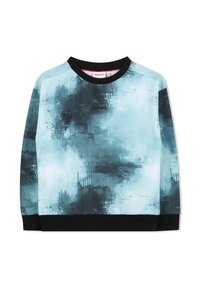 Sweatshirt bleu clair à motif abstrait, avec un col ras du cou et des poignets côtelés noirs, fabriqué dans un tissu texturé et avec un branding subtil.