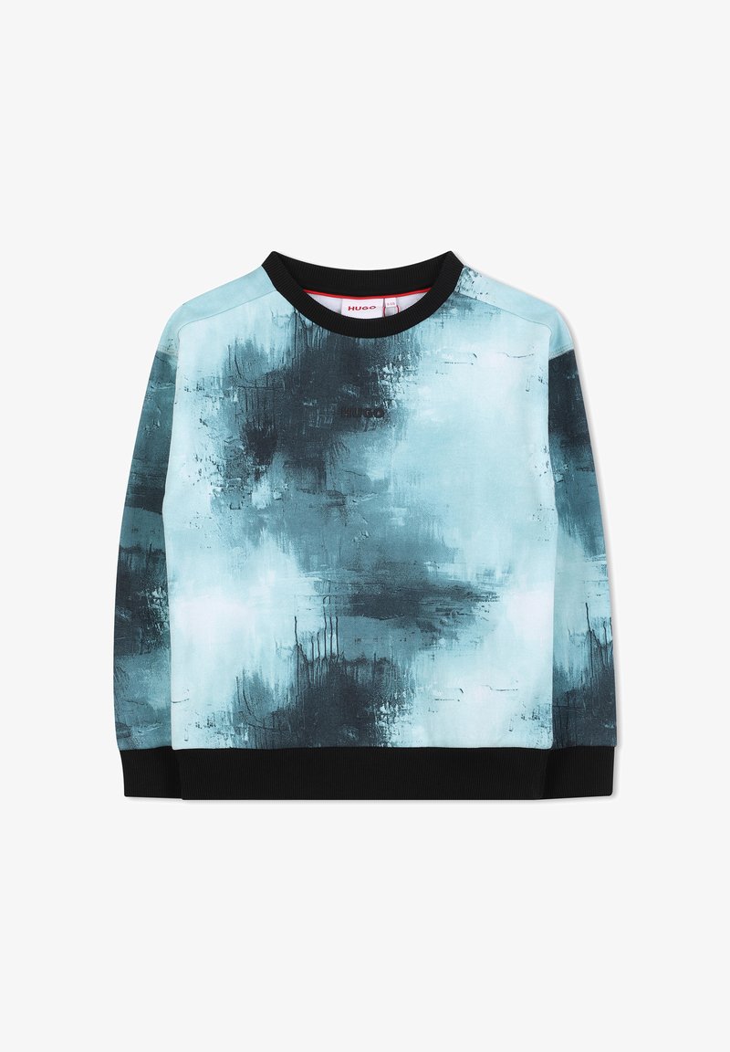 Sweatshirt bleu clair à motif abstrait, avec un col ras du cou et des poignets côtelés noirs, fabriqué dans un tissu texturé et avec un branding subtil.