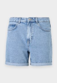 Denim kratke hlače v svetlo modri barvi, z zavitim robom, standardnimi žepi in sprednjim gumbom. Mehka tekstura z rahlo zbledelih zaključkom.