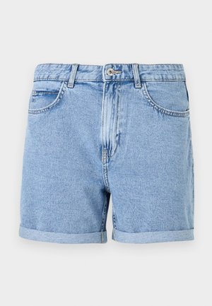 Farkkushortsit vaaleansinisinä, joissa on kierretty helma, tavalliset taskut ja etuvetoketju. Pehmeä rakenne, jossa on hieman haalistunut pinta.