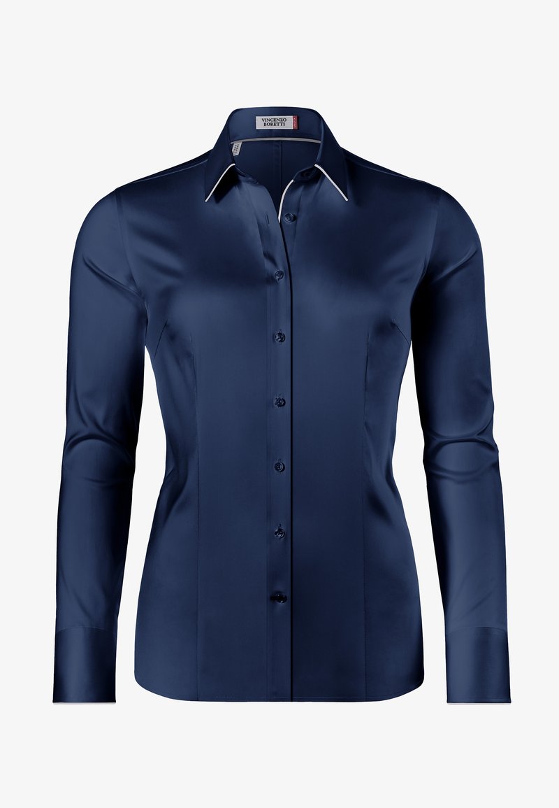 Navy blue satin long-sleeve shirt with a pointed collar, white accent on collar edge, and front button closure, featuring smooth texture and tailored fit.