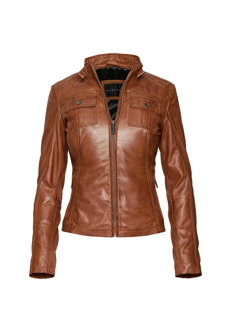 Bruine leren jacket met een getailleerd ontwerp, rits aan de voorkant, twee borstzakken, schoudernaden en een opstaande kraag. Textuurafwerking.