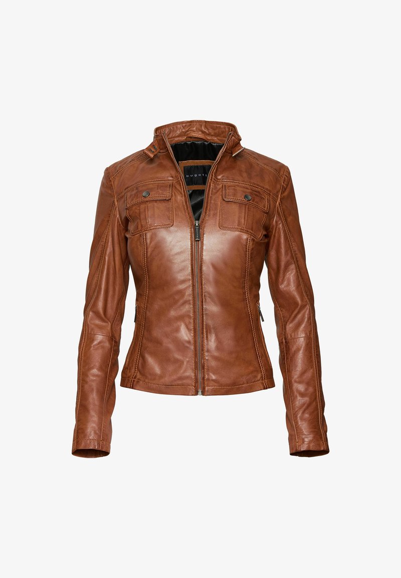 Bruine leren jacket met een getailleerd ontwerp, rits aan de voorkant, twee borstzakken, schoudernaden en een opstaande kraag. Textuurafwerking.