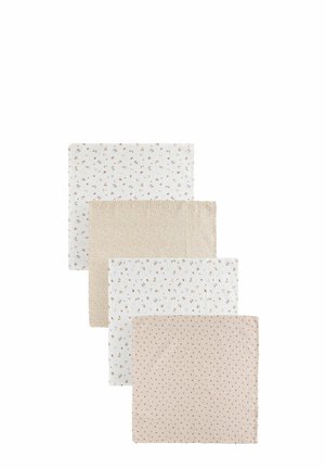 Quatre tissus en coton : deux avec de petits motifs floraux, un avec un design beige à pois, et un crème avec de petits points marron.