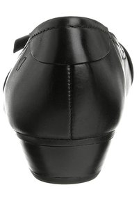 Chaussure en cuir noir avec un bout rond, un léger talon et une texture lisse. Présente des détails de couture le long de l'arrière et des côtés.