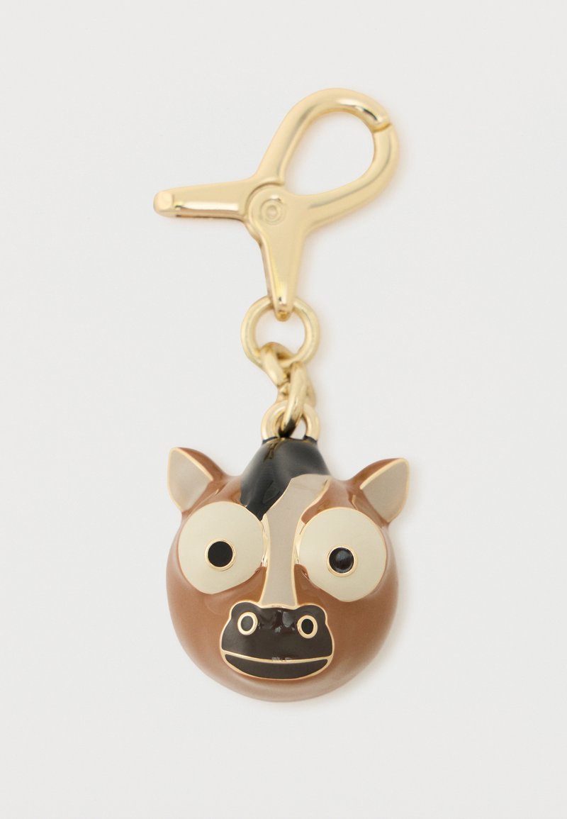 Barna és fekete lófej kulcstartó nagy szemekkel, arany díszítéssel és klipszes rögzítéssel. Sima műanyag, fényes felülettel.