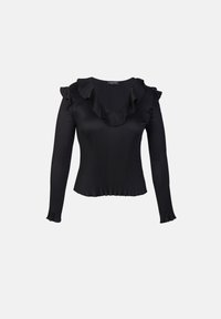 Black ribbed long-sleeve top featuring a ruffled neckline and cuff details. Fitted design with a slightly flared hem.