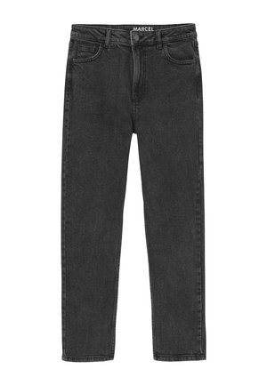 Jeans en denim noir avec une coupe droite, design à cinq poches et une étiquette en cuir à la taille. Tissu texturé et durable.