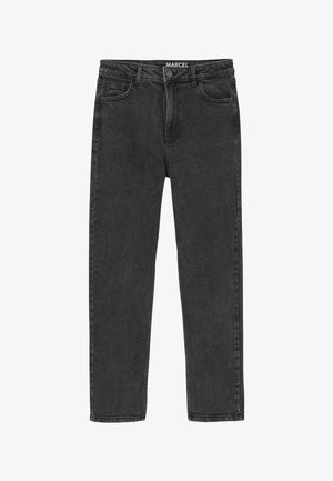 Jeans en denim noir avec une coupe droite, design à cinq poches et une étiquette en cuir à la taille. Tissu texturé et durable.