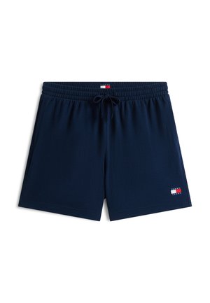 Neformálne námornícky modré šortky s elastickým pásom a šnúrkou, vybavené malou nášivkou s logom Tommy Jeans na dolnej pravej nohe.