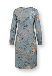 Long-sleeve blue dress with a floral print in shades of orange, yellow, white, and green, showing the back view.