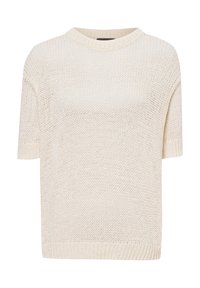 Kurzärmliger, rundhalsiger Strickpullover in hellem Beige, der eine offene Struktur und gerippte Abschlüsse am Kragen und Saum aufweist.