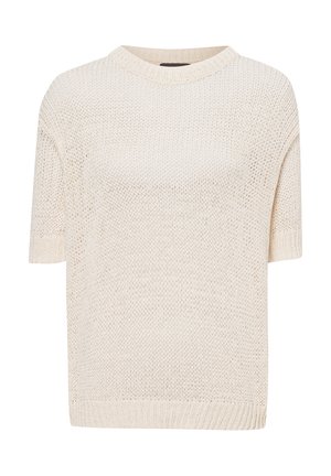 Short-sleeve, crew-neck knit sweater in light beige, featuring an open weave texture and ribbed trim at the collar and hem.