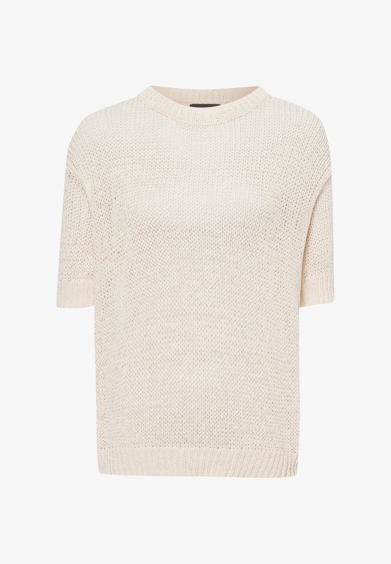 Kurzärmliger, rundhalsiger Strickpullover in hellem Beige, der eine offene Struktur und gerippte Abschlüsse am Kragen und Saum aufweist.
