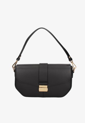 Sac à bandoulière en cuir noir avec une boucle rectangulaire dorée et une bandoulière réglable fixée par des éléments en métal doré.