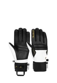 Sorte og hvide målmandshandsker med en tekstureret læderfinish, der har håndledsstropper, guld accenter og forstærket syning.