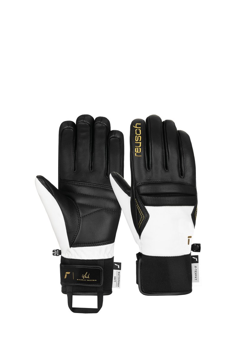 Sorte og hvide målmandshandsker med en tekstureret læderfinish, der har håndledsstropper, guld accenter og forstærket syning.