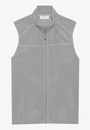 Harmaa fleece-liivi, jossa on korkea kaulus, etuvetoketju ja kaksi sivutaskua, joissa on kontrastiväriset ompeleet ja sileä pinta.
