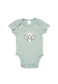 Ljust grön babybody med ett leende tecknat lejonunges ansikte och solstrålar ovanför huvudet på bröstet.