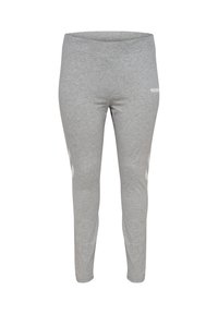 Grijze sportleggingen van zacht materiaal. Voorzien van een gladde tailleband en witte accentstrepen aan de zijkanten met het "HUMMEL" logo.