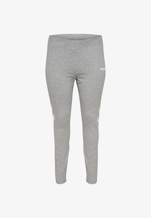 Grijze sportleggingen van zacht materiaal. Voorzien van een gladde tailleband en witte accentstrepen aan de zijkanten met het "HUMMEL" logo.