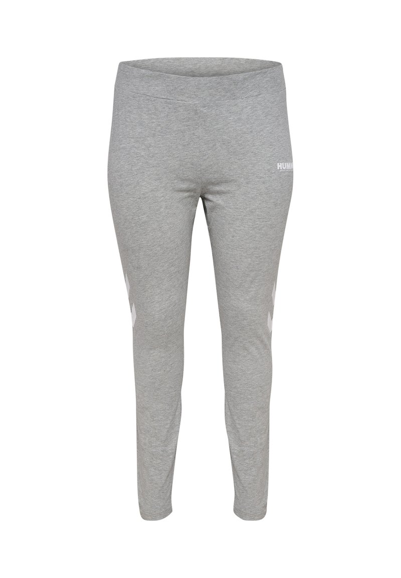 Grijze sportleggingen van zacht materiaal. Voorzien van een gladde tailleband en witte accentstrepen aan de zijkanten met het "HUMMEL" logo.