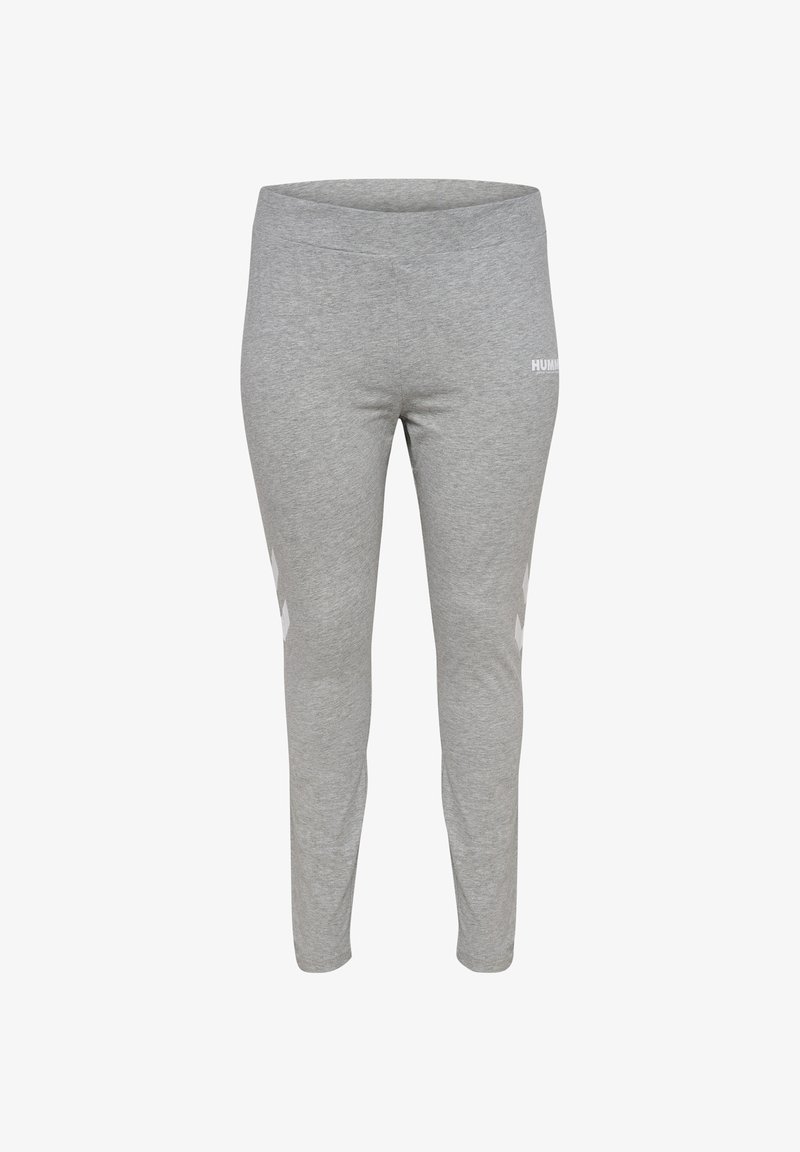 Grijze sportleggingen van zacht materiaal. Voorzien van een gladde tailleband en witte accentstrepen aan de zijkanten met het "HUMMEL" logo.
