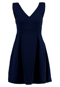 Námořnické modré šaty bez rukávů s výstřihem do V, plisovanou sukní a přiléhavým korzetem. Vyrobeno z hladké látky se strukturovanou siluetou.